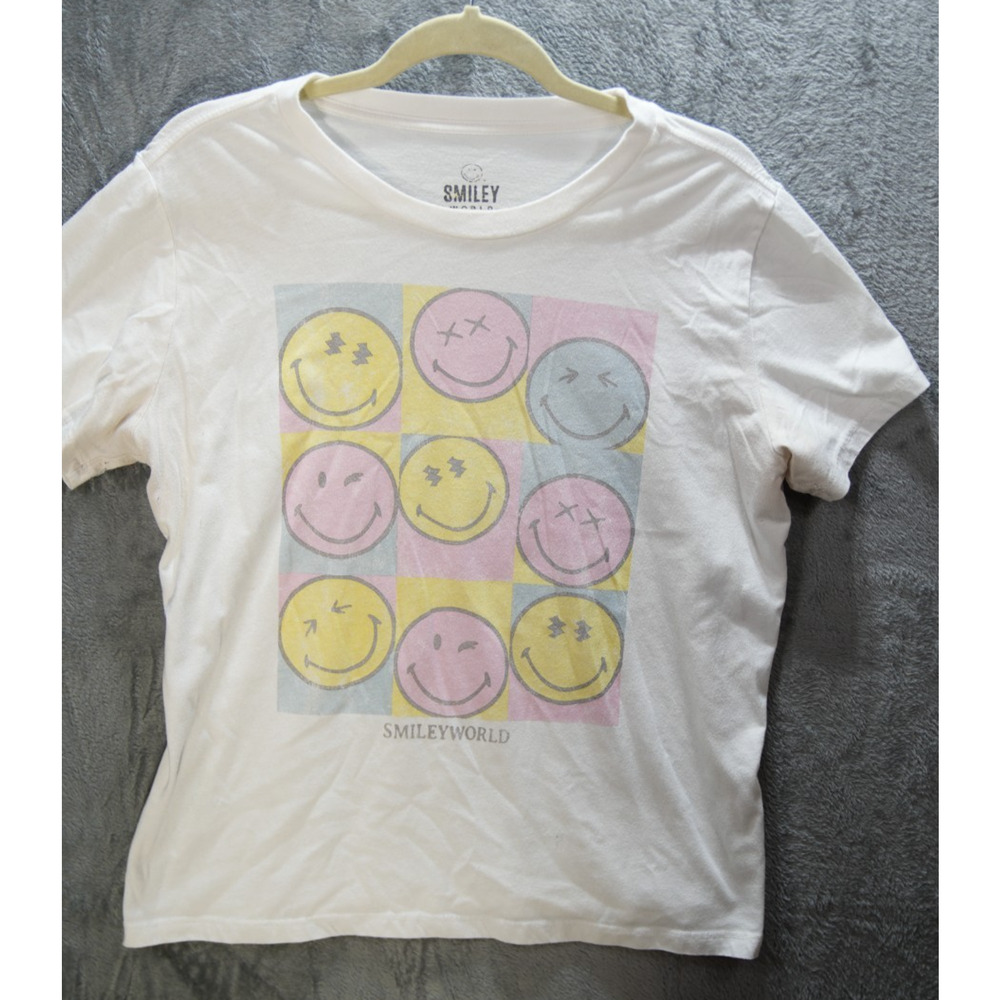 SmileyWorld Pastel Smiley Faces‎ T-Shirt Women’s S White Cotton Graphic Tee